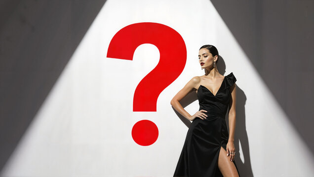 Woman in black dress under spotlight with red question mark