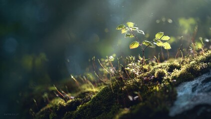 Lush green moss and tiny sprouts bathed in sunlight