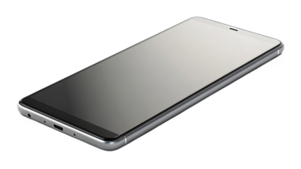 Sleek Silver Smartphone with Reflective Screen on Black Background