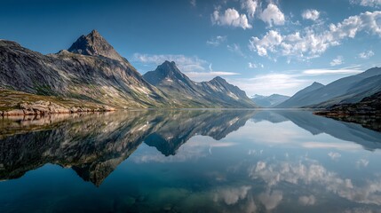 Serene Lake Reflection: A tranquil lake mirrors the grandeur of imposing mountains under a vibrant blue sky with scattered clouds, inviting a sense of peace and wonder.