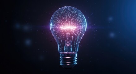 Light bulb with brain inside glows on dark background concept for ideas.