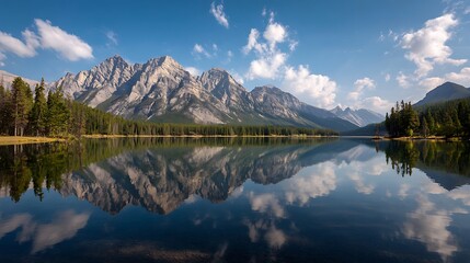 Reflection of Serenity: A stunning panorama captures a pristine lake mirroring majestic mountain peaks, creating a symmetrical tableau of nature's grandeur beneath a sky of boundless blue.