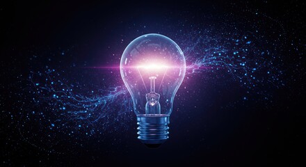 Lightbulb with glowing center surrounded by abstract energy against a dark background.