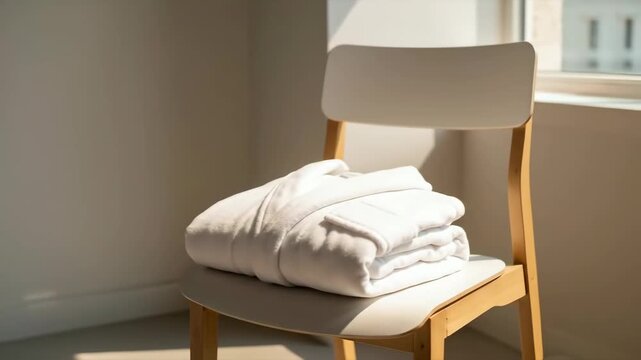 Neatly folded white clothing stack placed on modern wooden chair, minimalist home interior, laundry organization concept for domestic lifestyl