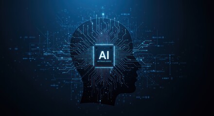 Stylized human head silhouette with ai text and digital network background.