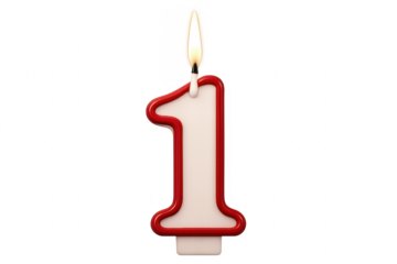 Number one candle burning on transparent background