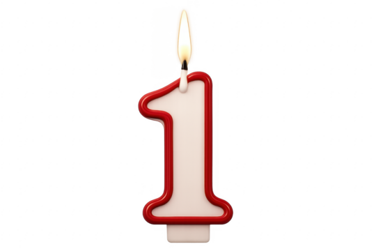 Number one candle burning on transparent background