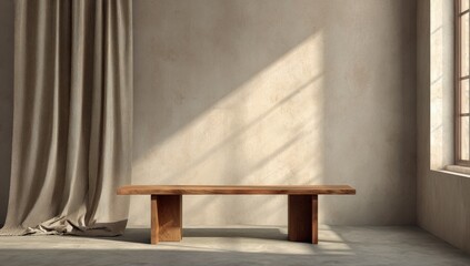 Minimalist wooden bench in a sunlit room