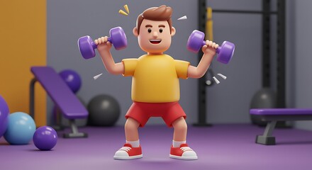 Cheerful 3D cartoon man lifting purple dumbbells in a modern gym