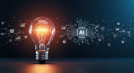 Lightbulb glows with artificial intelligence icon and network on a dark background.