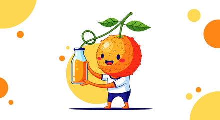 Fototapeta premium Cartoon Lychee Character Offering Fresh Juice in a Stylish Bottle Design