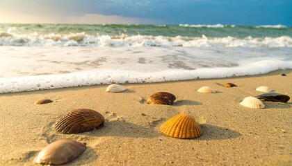 Seashells on Sandy Beach at Golden Hour