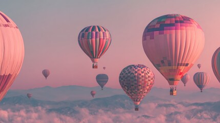 Obraz premium Colorful Hot Air Balloons Floating in Pink Sky During Sunrise