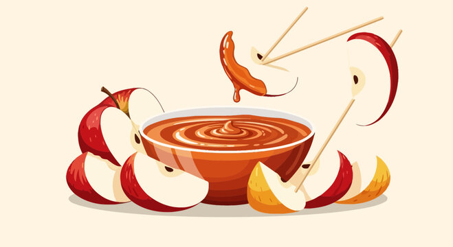 Delicious Caramel Apple Dip With Fresh Sliced Apples And Wooden Skewers