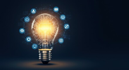 Lightbulb surrounded by icons on a dark background representing ideas and innovation.
