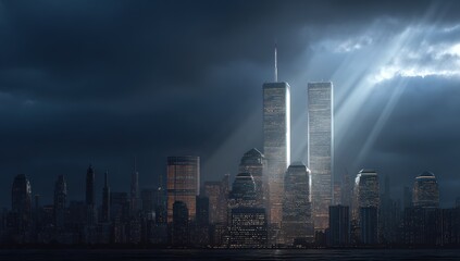 Dramatic nighttime cityscape view of New York City, with the Twin Towers prominent