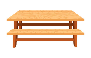 Wooden picnic table with attached benches front view in natural brown color with simple construction and visible grain texture for outdoor use