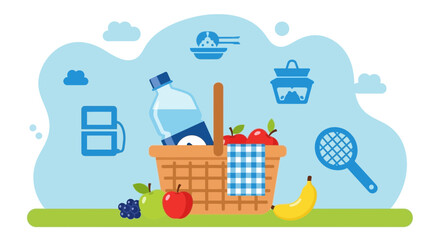 Fototapeta premium Delightful Summer Picnic Scene with Wicker Basket and Sporting Activity