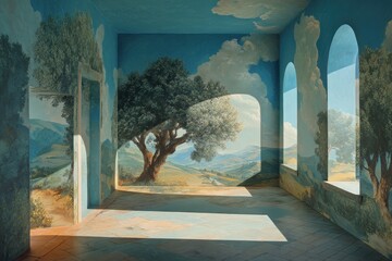 Immersive Trompe Loeil Mural Transforms Room into Serene Outdoor Landscape with Gnarled Tree and Sunlight.