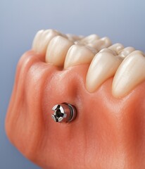 Obraz premium 3D illustration of dental implant abutment inserted into gum, oral prosthetic preparation for artificial tooth restoration 