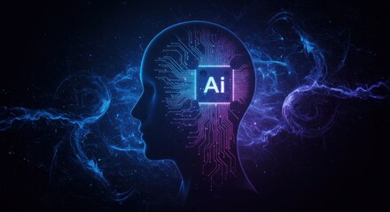 Artificial intelligence concept head silhouette with circuit board and glowing effects.