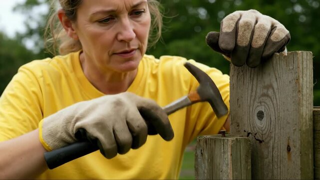 Woman repairing wooden fence hammer gloves yellow shirt outdoor diy home improvement project concept perfect hardware store promotional advertising handywoman service