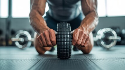 A focused athlete performs an ab workout using a roller, demonstrating strength and determination in a gym setting.
