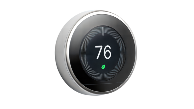 Smart Thermostat Displaying 76 Degrees Fahrenheit with Green Leaf Icon