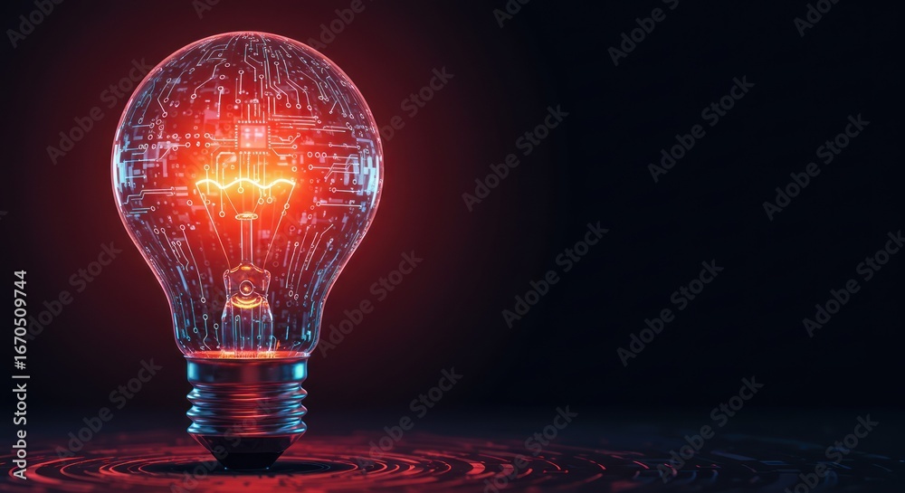 Wall mural glowing lightbulb with circuit board design on dark background representing innovation.