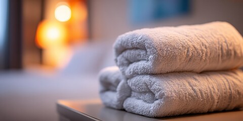 Folded white towels on a table in a dimly lit room
