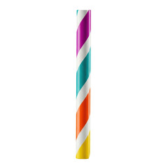 An immaculate, wide-diameter smoothie straw with vibrant magenta, teal, orange, and yellow stripes on a pure, solid, transparent studio background, no shadows, 3/4 view. Concept for beverage product