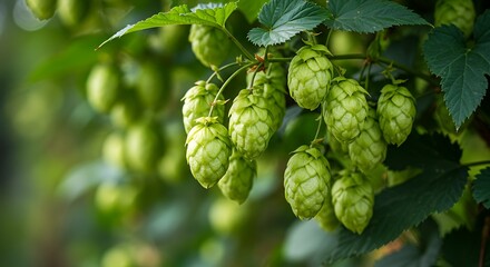 Close-up of fresh green hop cones hanging from a plant with blurred background