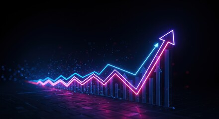 Glowing upward trend arrow in blue and pink on dark background.