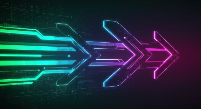 Three neon arrows pointing right with a dark background and colorful lighting.
