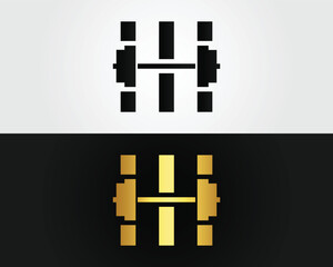 Letter H logo design with weight lifting metallic gold accent vector template