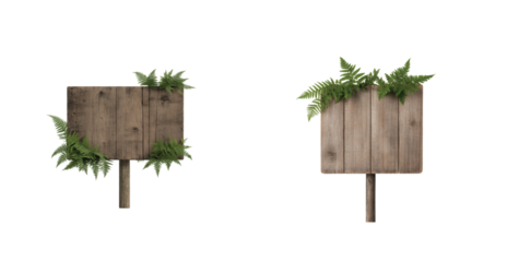 Rustic wooden signs with fern leaves for nature concepts