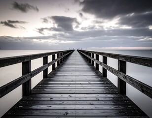 Wooden pier extending into a hazy sunrise/sunset