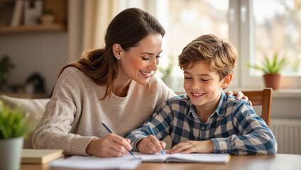 Obraz premium Mother helping son with homework at home