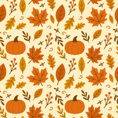 Nice thanksgiving autumn big Rustling Autumn Charm seamless pattern with leaves, pumpkins