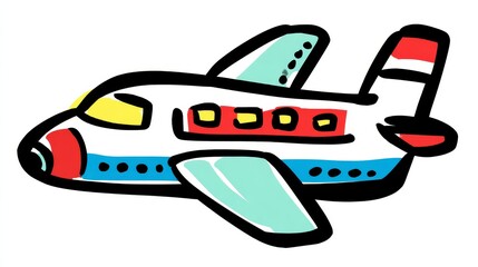 Cartoon-style airplane illustration with simple shapes and bold outlines, isolated on white background, playful children&rsquo;s design for education and clipart collections