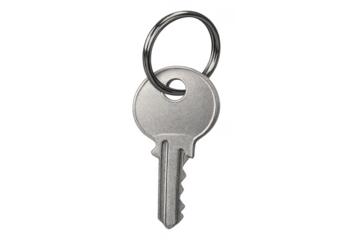 Silver key with key ring on transparent background