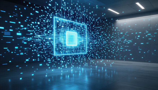 Digital interface with floating data particles in futuristic space  