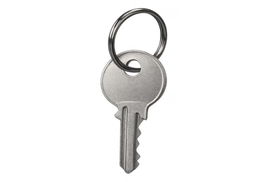 Silver key with key ring on transparent background