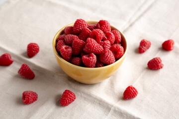Organic Raw Red Raspberries in a Bowl, side view.