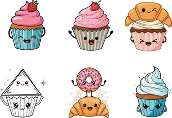 Cute cartoon cupcakes and pastries with smiling faces, kawaii desserts, colorful sweet bakery characters for kids, funny food illustration.