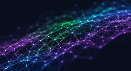 Abstract network of interconnected dots and lines with colorful gradient on dark background.