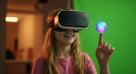 Girl explores metaverse with VR headset, experiencing vibrant virtual reality and futuristic gaming excitement