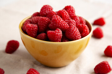 Organic Raw Red Raspberries in a Bowl, side view.
