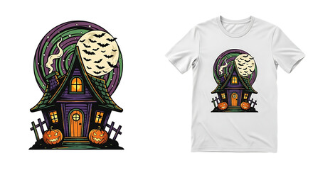 Spooky haunted house design with pumpkin guards and a moon full of bats