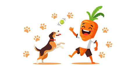 Fototapeta premium Enthusiastic Carrot Character Plays Ball With Playful Dog In Cheerful Cartoon Scene
